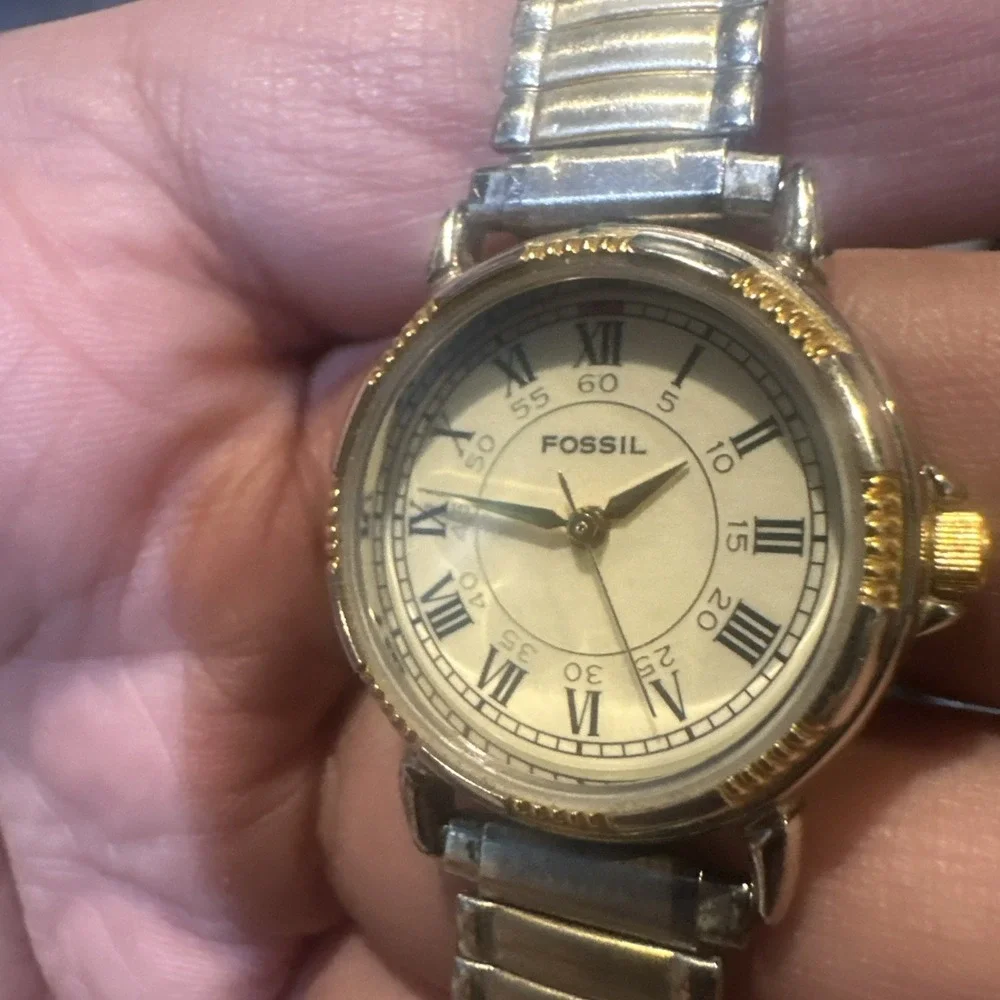 Working Vintage Fossil Watch Women Two Tone Stretch Quartz Leather 26mm Fit 7in